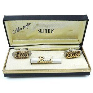BUD Name Vintage Cufflinks and Tie Clip Bar Set Swank NOS in Original Box 1950s
